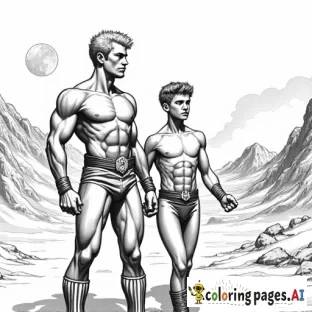 Blank Coloring book page Brothers muscular hunk  Caucasian blond Vaughn Harris aka Awesome Boy 18 years old  and  athletic fit Caucasian blond  "Dren" Bierce aka Impressive Lad 14 years old  patrolling alien citadel on planet Zaylene   1940s Retro futuristic Illustration art in the style of 1950s pulp novel