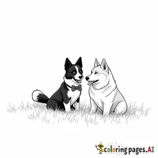 border collie with a bow tie. playing with female husky. blank background