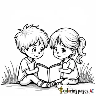 Boy and a girl reading a book by a lake closeup scene., Coloring Page, black and white, line art, white background, Simplicity, Ample White Space. The background of the coloring page is plain white to make it easy for young children to color within the lines. The outlines of all the subjects are easy to distinguish, making it simple for kids to color without too much difficulty