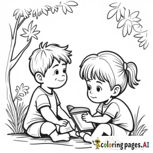 Boy and a girl reading a book by a lake closeup scene., Coloring Page, black and white, line art, white background, Simplicity, Ample White Space. The background of the coloring page is plain white to make it easy for young children to color within the lines. The outlines of all the subjects are easy to distinguish, making it simple for kids to color without too much difficulty