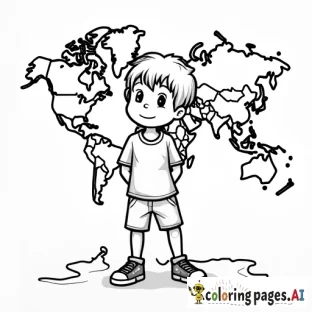 Boy with a world map in the background
