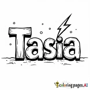 bubble letter name Tasia with ightening bolt COMING OUT of the letter T
