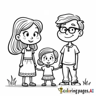 Cartoon 2 year old 2 year oldgirl, 5 year old girl, mom, dad with glasses