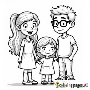 Cartoon 2 year old girl, 5 year old girl, mom, dad with glasses
