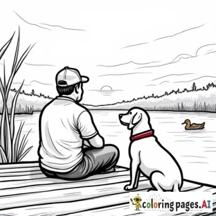 Cartoon drawing of a man in a ballcap hat wearing camo sitting on a dock facing the water looking at the sunrise with 2 dogs, a chocolate lab and yellow lab next to him. In the water, there are lots of ducks