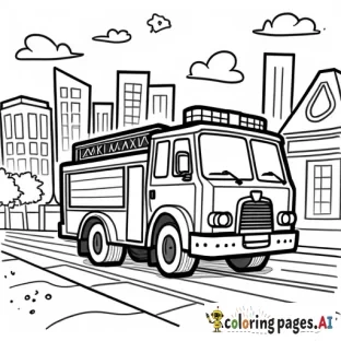cartoon illustration, coloring book page, happy firetruck, city, black and white, clean