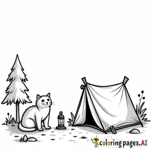 cat at a campsite with a tent and lantern