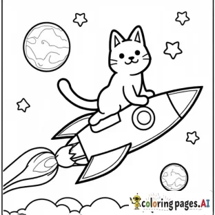 cat riding on rocketship with stars and planets
