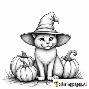 cat with witch hat and pumpkins