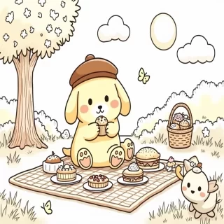 Pompompurin, the adorable golden retriever, is having a delightful picnic in the park! He’s wearing his signature brown beret, sitting on a checkered picnic blanket, surrounded by yummy treats like cupcakes, fruit, and a big sandwich. His friends, a cute hamster and a little bird, are happily joining the picnic, each nibbling on their own snacks. In the background, there are big, fluffy clouds, a bright sun, and a tree with flowers blooming around it. A few butterflies are fluttering by, and a basket of goodies is nearby. The scene is cheerful and full of cozy details, with simple shapes perfect for kids to color.