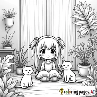 Chibi style anime girl surrounded by plants in her bedroom with her 3 cats.