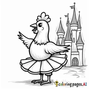 chicken dressed as a ballerina in a castle listening to music