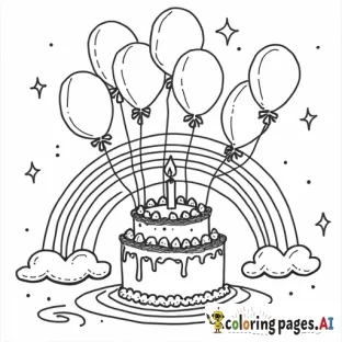 child's coloring page for birthday with cake and balloons and rainbows