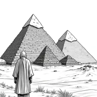 children coloring book styled, a man sheperd heading towards the pyramids , less detailed more cartoon like