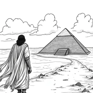 children coloring book styled, a man sheperd heading towards the pyramids - Free Printable Coloring Page