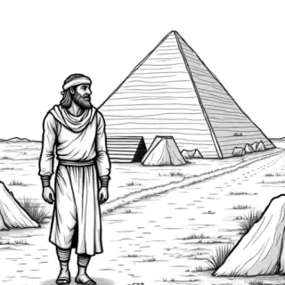 children coloring book styled, a man sheperd heading towards the pyramids , less detailed more cartoon like, animated or kawaii style, less detailed so kids can color it