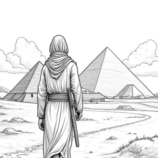 children coloring book styled, a man sheperd heading towards the pyramids , less detailed more cartoon like