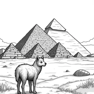 children coloring book styled, a sheperd heading towards the pyramids - Free Printable Coloring Page