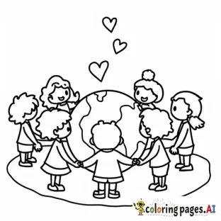 Children from around the world holding hands in a circle around a globe, with hearts floating above them.