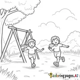 “Children playing in a park, simple black and white line art, coloring page style, kids running, swinging, and playing with a ball, trees and grass in the background, clear outlines, no colors, suitable for kids coloring book”