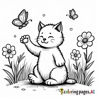 Clean line art of a cat playing in a butterfly garden with flowers, perfect for a coloring page. Cartoon style with thick outlines and ample white space