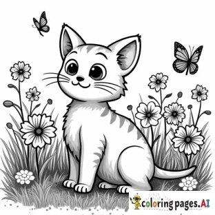 Clean line art of a cat playing in a butterfly garden with flowers, perfect for a coloring page. Cartoon style with thick outlines and ample white space--no shade, shading, detail, details, line shading