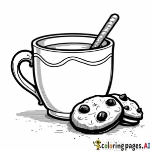 color page featuring a cup of cocoa and choco chip cookies