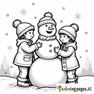 color page featuring children building a snowman
