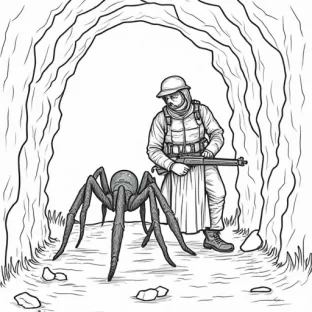 color page for soldier and spider in cave