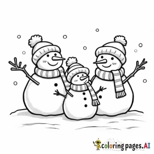 coloring page featuring a family of snowmen with scarves, hats, and twig arms.