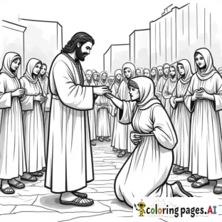 Coloring page of a picture of Jesus, turning his head, looking over his shoulder, at a woman, who is reaching out her hand to touch the tassels on the edge of Jesus's robe, in the midst of Jesus's disciples, and a group of middle eastern women, men and children, in a busy street of an ancient town. Jesus is wearing a Jewish shawl with tassels and sandals on his feet. The woman has a concerned expression, and she is kneeling, and is reaching out her hand to Jesus. Include a space for the following text: ""Daughter," said Jesus, "your faith has healed you. Go in peace and be free of your affliction." Mark 5:34"
