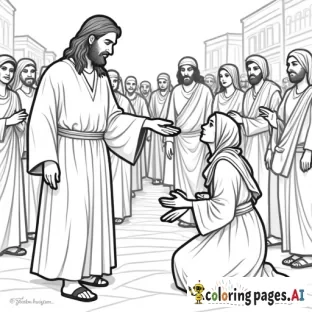 Coloring page of a picture of Jesus, turning his head, looking over his shoulder, at a woman, who is reaching out her hand to touch the tassels on the edge of Jesus's robe, in the midst of Jesus's disciples, and a group of middle eastern women, men and children, in a busy street of an ancient town. Jesus is wearing a Jewish shawl with tassels and sandals on his feet. The woman has a concerned expression, and she is kneeling, and is reaching out her hand to Jesus. Include a space for the following text: ""Daughter," said Jesus, "your faith has healed you. Go in peace and be free of your affliction." Mark 5:34"