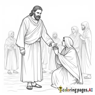 Coloring page of a picture of Jesus, turning his head, looking over his shoulder, at a woman, who is reaching out her hand to touch the tassels on the edge of Jesus's robe, in the midst of Jesus's disciples, and a group of middle eastern women, men and children, in a busy street of an ancient town. Jesus is wearing a Jewish shawl with tassels and sandals on his feet. The woman has a concerned expression, and she is kneeling, and is reaching out her hand to Jesus. Include a space for the following text: ""Daughter," said Jesus, "your faith has healed you. Go in peace and be free of your affliction." Mark 5:34"