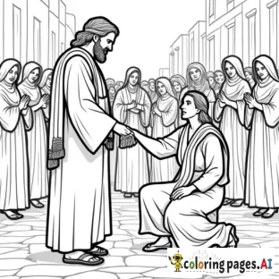 Coloring page of a picture of Jesus, turning his head, looking over his shoulder, at a woman, who is reaching out her hand to touch the tassels on the edge of Jesus's robe, in the midst of Jesus's disciples, and a group of middle eastern women, men and children, in a busy street of an ancient town. Jesus is wearing a Jewish shawl with tassels and sandals on his feet. The woman has a concerned expression, and she is kneeling, and is reaching out her hand to Jesus' feet. Include a space for the following text: ""Daughter," said Jesus, "your faith has healed you. Go in peace and be free of your affliction." Mark 5:34"