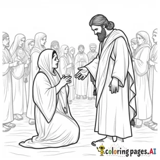Coloring page of a picture of Jesus, turning his head, looking over his shoulder, at a woman, who is reaching out her hand to touch the tassels on the edge of Jesus's robe, in the midst of Jesus's disciples, and a group of middle eastern women, men and children, in a busy street of an ancient town. Jesus is wearing a Jewish shawl with tassels and sandals on his feet. The woman has a concerned expression, and she is kneeling, and is reaching out her hand to Jesus. Include a space for the following text: ""Daughter," said Jesus, "your faith has healed you. Go in peace and be free of your affliction." Mark 5:34"