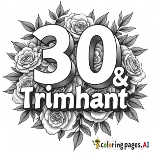 Coloring page with the words, 30 & triumphant. Decorate the words with roses blooming all around