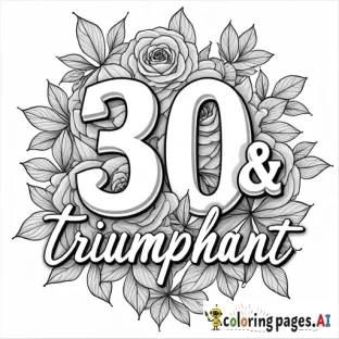 Coloring page with the words, 30 & triumphant. Decorate the words wity roses blooming all around