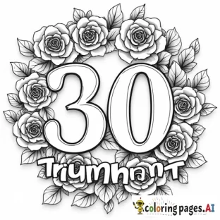Coloring page with the words, 30 & triumphant  with roses blooming all around