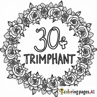 Coloring page with the words, 30 & triumphant  with roses blooming all around