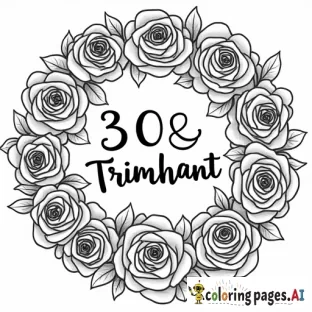 Coloring page with the words, 30 & triumphant with roses blooming all around