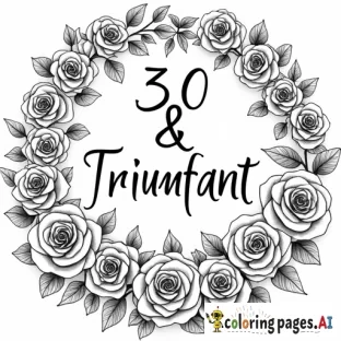 Coloring page with the words, 30 & triumphant with roses blooming all around