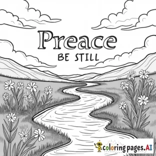 coloring pages for a adult saying "Peace, be still"  in big letters with lilies spread through a valley besides a flowing river