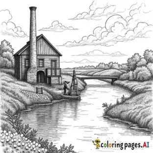 Cotton farms and a cotton gin next to a running river with workers in mills in 1790s