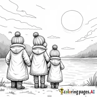 cousins bundled up in winter coats as the sun sets over the lake.