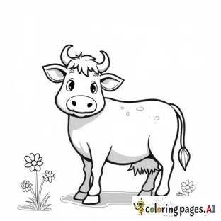 cow standing on a meadow with flowers, childrens coloring book page, black and white line art, simple cartoon style, bold outlines, no shading, easy to color for kids