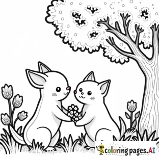 Crea una página para colorear estilo kawaii. un zorro y un gato regando tulipanes, de fondo un arbol y arbustos