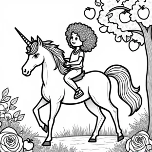 Create a black and white coloring page illustration featuring a 5-year-old girl with curly hair riding a unicorn while picking apples from an apple tree. The unicorn has a flowing mane and tail, and the scene includes a whimsical garden filled with rose bushes. The design should consist of clean, detailed outlines without shading, perfect for children to color in.