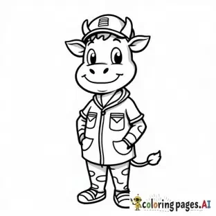 Create a black-and-white outline illustration in a perfect square 1:1 ratio for a children’s coloring book. Draw one large, cute cartoon-style Cow character dressed as a Postman, including recognizable uniform elements and accessories for that profession. All markings and patterns on the animal (such as stripes or spots) must be drawn as hollow outlines with no solid black fill. The character should have a friendly and simple expression, be centered and large in the frame, with a clear pose that reflects the profession. Use bold, smooth, and even black outlines with clean white interiors, no shading, no grayscale, and no solid black fills anywhere. Keep the background plain white with no extra decorations. The composition should be simple, clear, and easy to color, suitable for children’s coloring books.