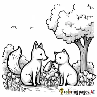 Create a Coco Wyo-inspired coloring page. A fox and a cat watering tulips, with a tree and bushes in the background.