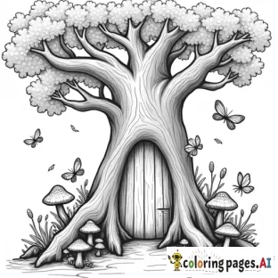 create a coco wyo inspired coloring page A magical tree with a door at its base, surrounded by mushrooms, vines, and tiny glowing fairies with intricate wings.